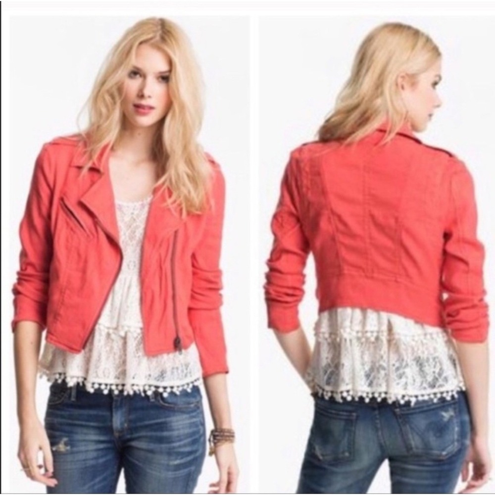 Free People Linen Blend Asymmetrical Zip Moto Jacket Coral Red Sz 4 Crop Y210